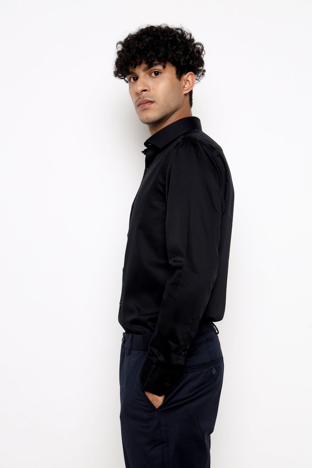 THE MIDNIGHT BLACK GIZA SATIN SHIRT