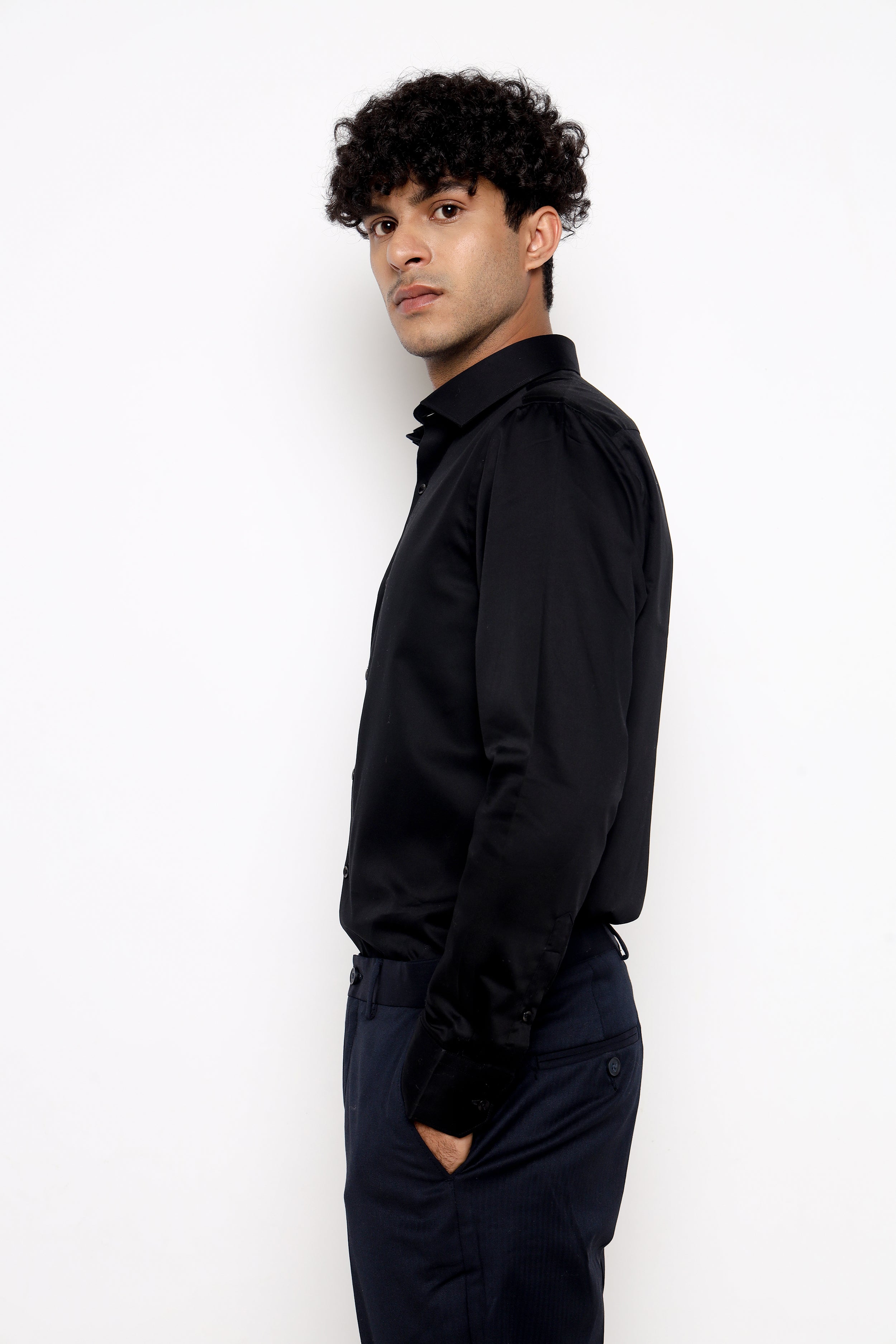 THE MIDNIGHT BLACK GIZA SATIN SHIRT